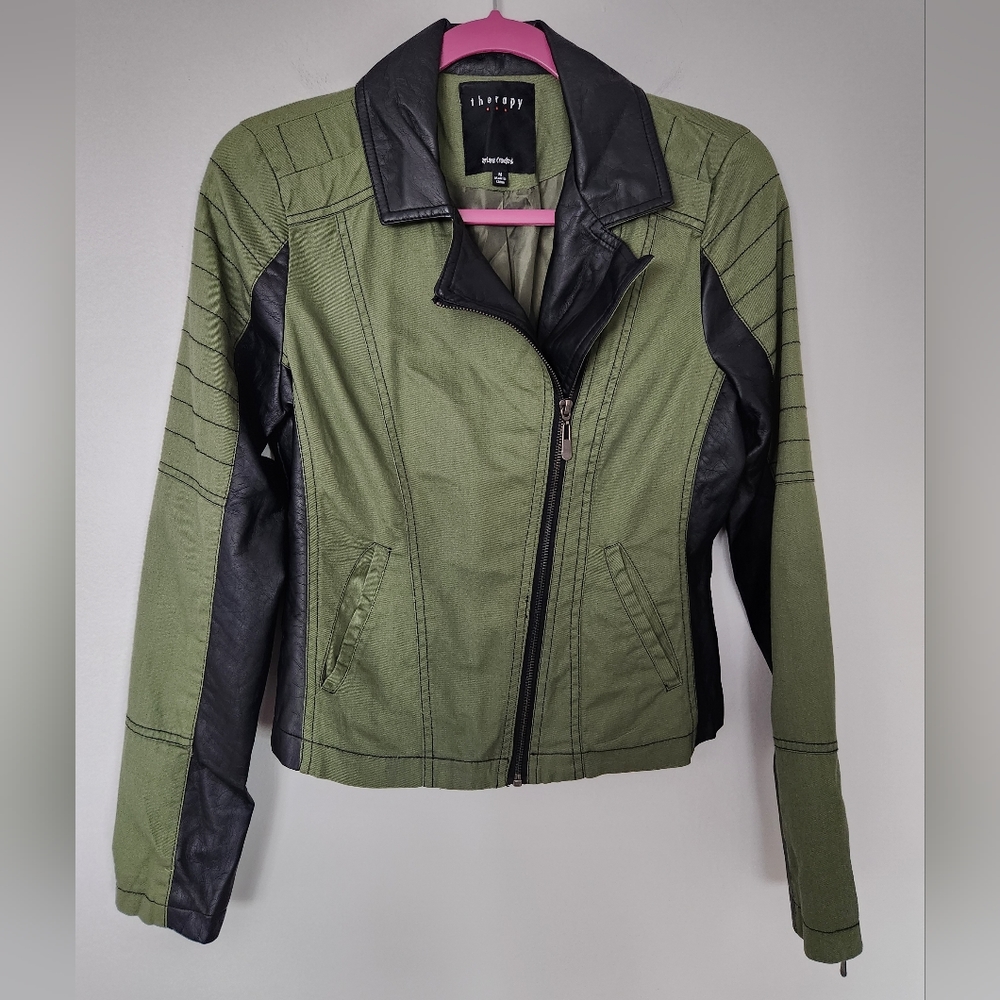 Camo green and black motorcycle style jacket
